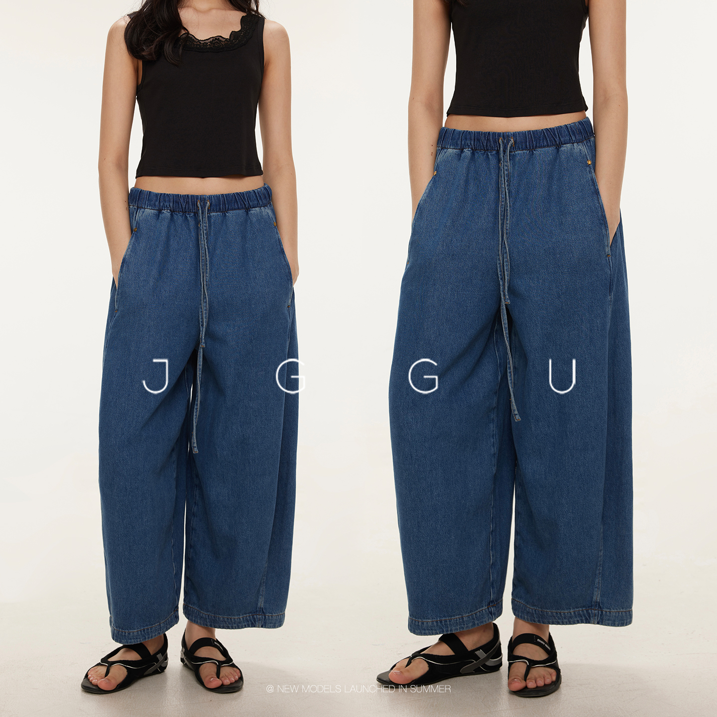晶咕黑标JGGU【月牙湾】设计感复古立体分割宽松气球九分牛仔裤