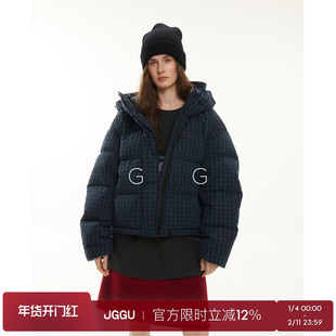 晶咕黑标JGGU【冬夜绮梦】复古格子短款小个子连帽白鹅绒羽绒服女