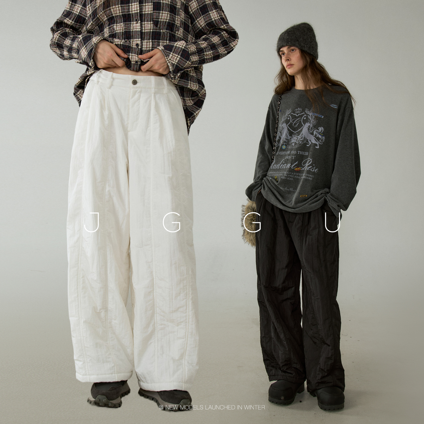 晶咕黑标JGGU【空气蓬蓬裤】高级桑蚕丝高腰松紧直筒阔腿裤女秋冬