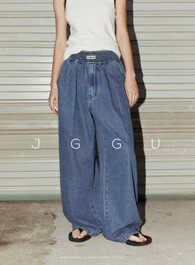晶咕黑标JGGU宽腰头松紧贴标牛仔裤宽松时髦休闲女显瘦垂感裤子春