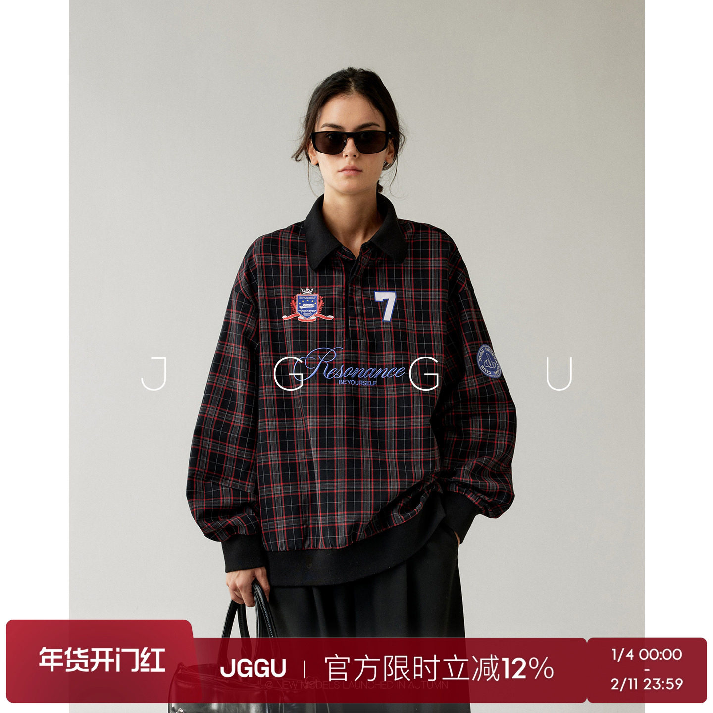晶咕黑标JGGU【学院风度】美式复古格纹刺绣翻领长袖卫衣女秋大码,女装/女士精品,时尚套装,淘宝优惠券,粉丝福利购,淘宝优惠卷