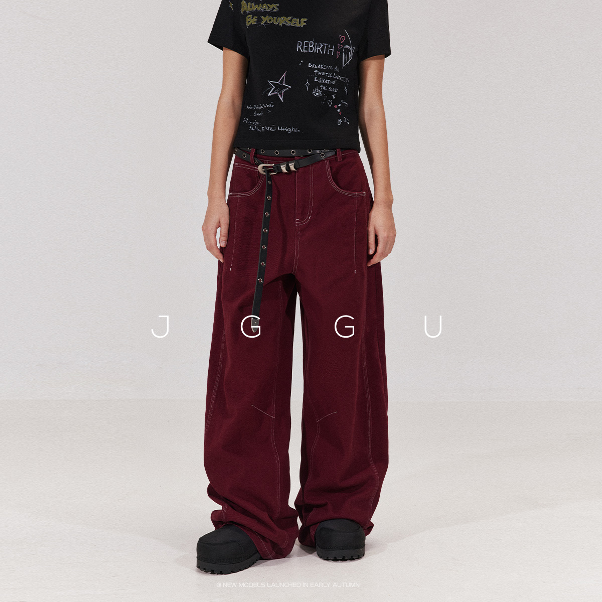 水洗磨毛撞色线香蕉裤