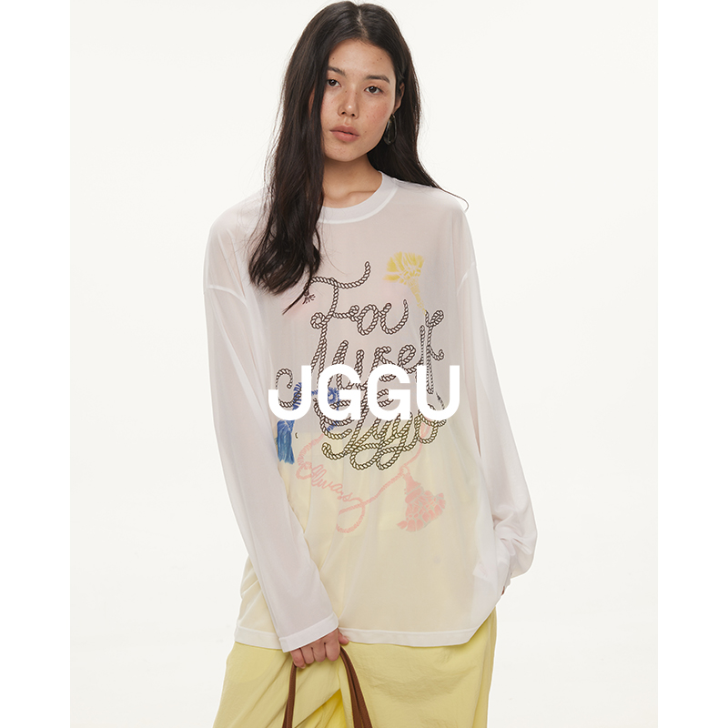 晶咕黑标JGGU【出街搭子】麻绳感印花透感防晒罩衫女夏季薄款T恤