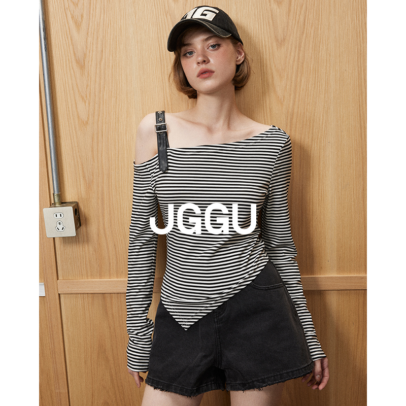 晶咕黑标JGGU【失序时髦】优雅时髦皮袢拼接莱赛尔斜肩条纹T恤