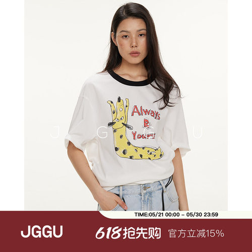 晶咕黑标JGGU【斑点狗美学】卡通手绘斑点狗印花短袖T恤女夏新款