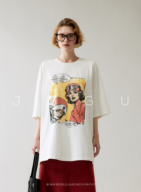 晶咕黑标JGGU【时光画册】100棉做旧感印花短袖T恤女秋冬宽松上衣