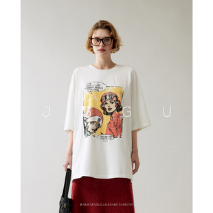 晶咕黑标JGGU【时光画册】100棉做旧感印花短袖T恤女秋冬宽松上衣