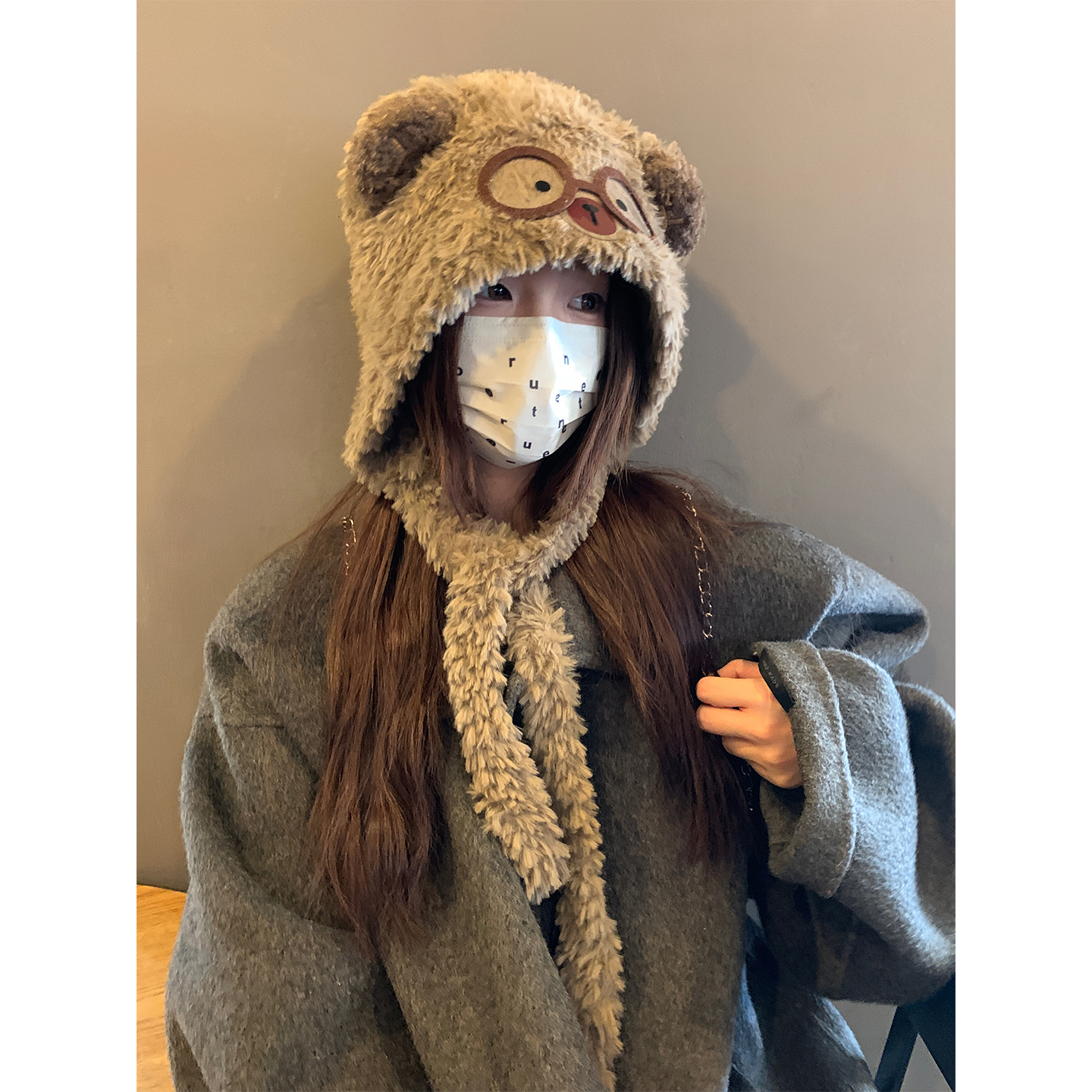 呆萌眼镜猫耳朵毛绒套头帽子