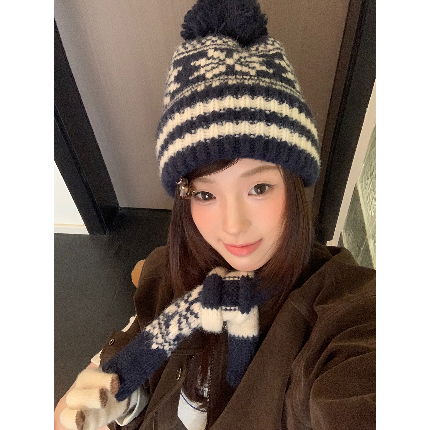 韩系滑雪提花针织帽子