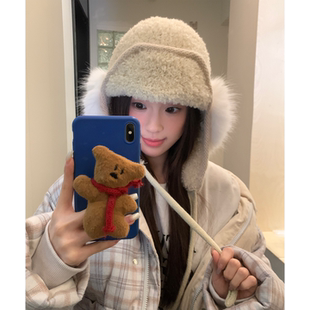 韩版毛绒护耳雷锋帽女新款小众防寒保暖显脸小耳罩装饰针织套头帽