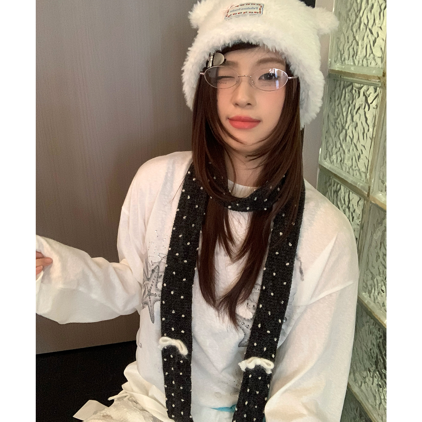 蝴蝶结波点甜美小巧围巾