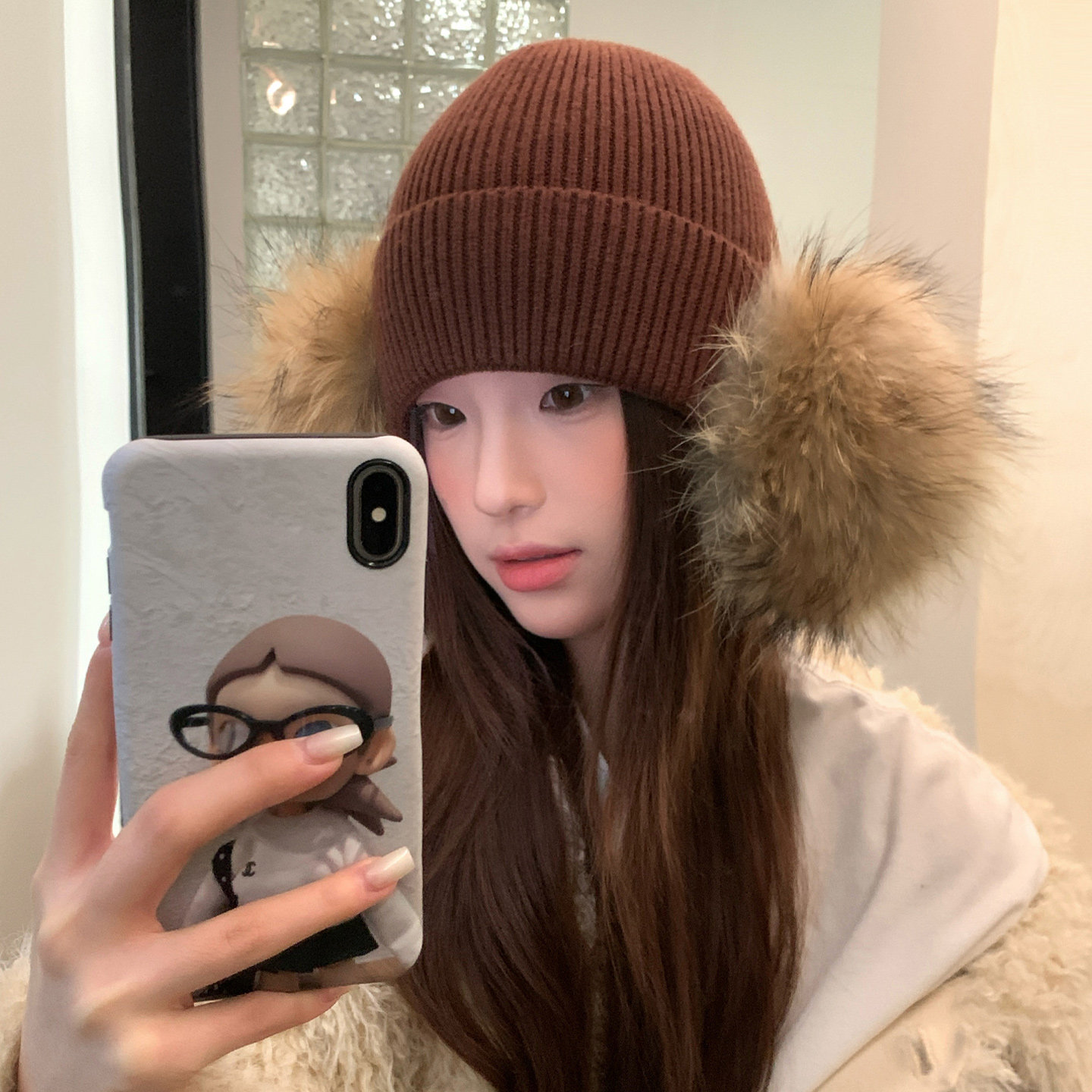 复古美拉德棕色貉子毛针织帽子