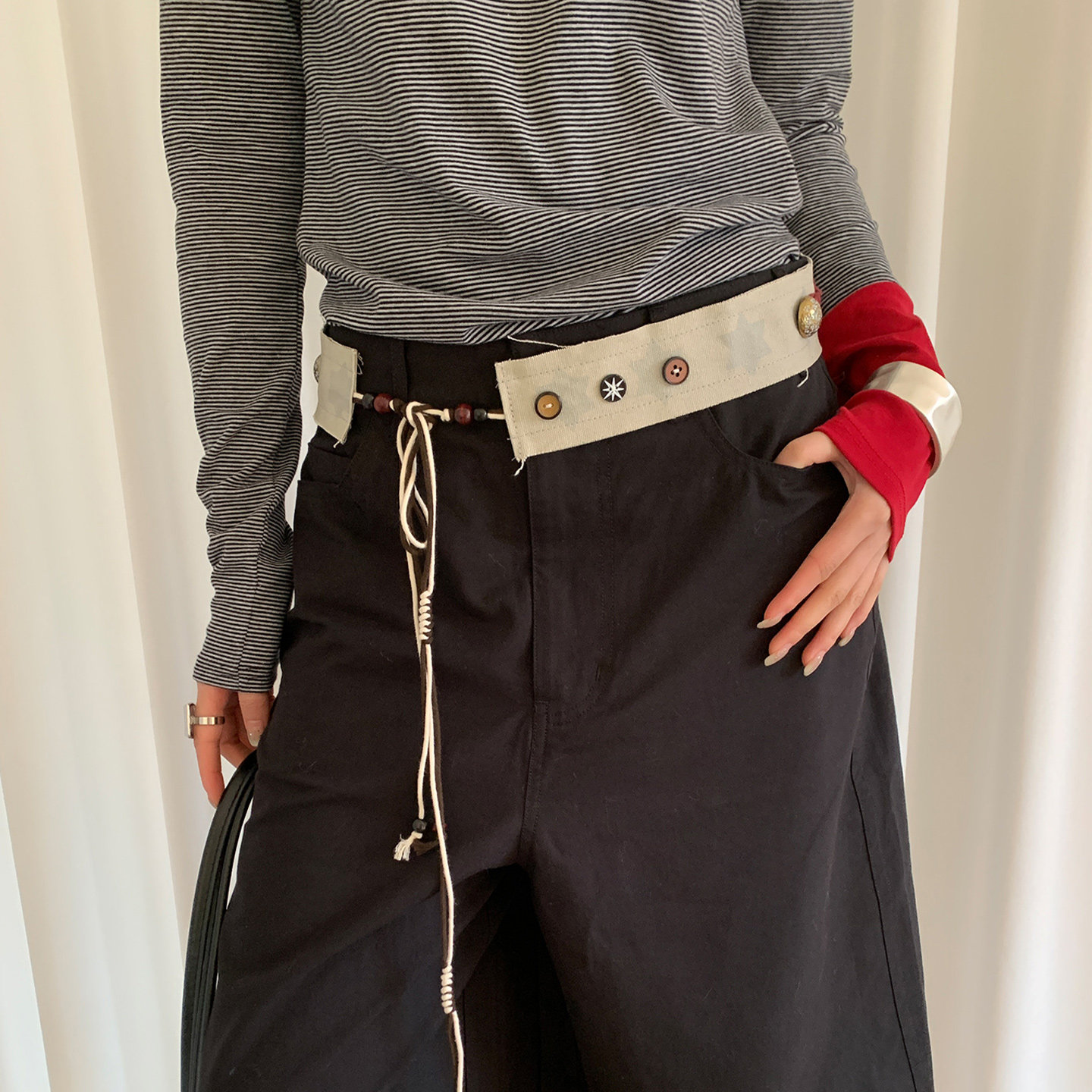 新款小众星星纽扣拼接腰封女个性串珠时尚系带腰带装饰腰间装饰