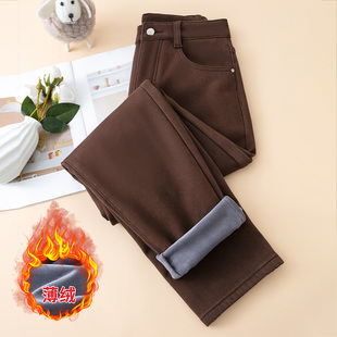 加薄绒哈伦裤 子2024年秋冬新款 女巨显瘦梨形身材裤 咖色牛仔老爹裤