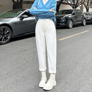 加绒胖mm显瘦萝卜老爹裤 高腰弹力米白色哈伦牛仔裤 女2025秋冬新款