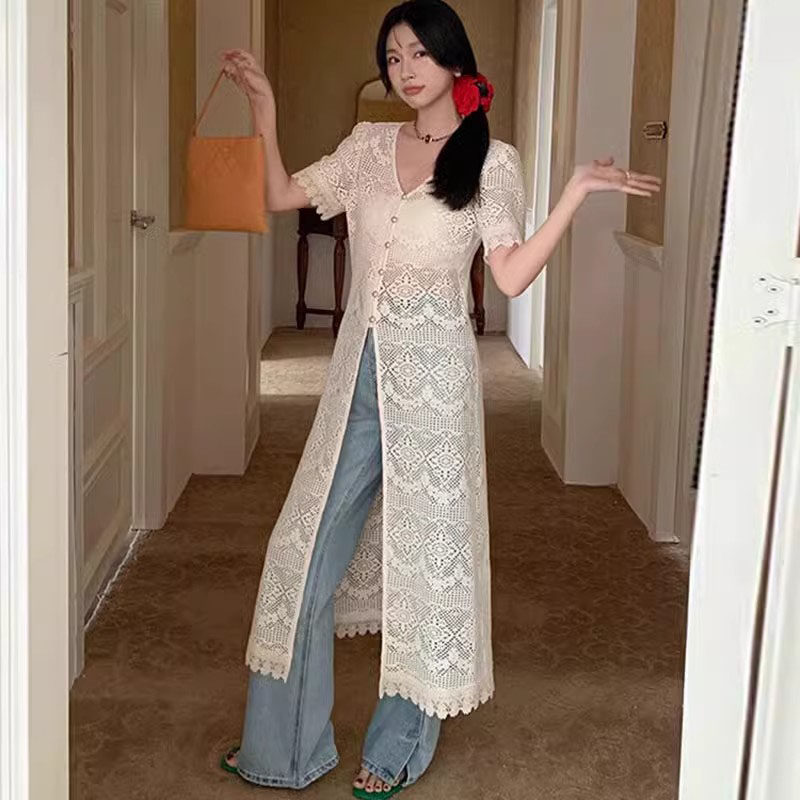 法式甜美镂空钩花蕾丝针织开衫
