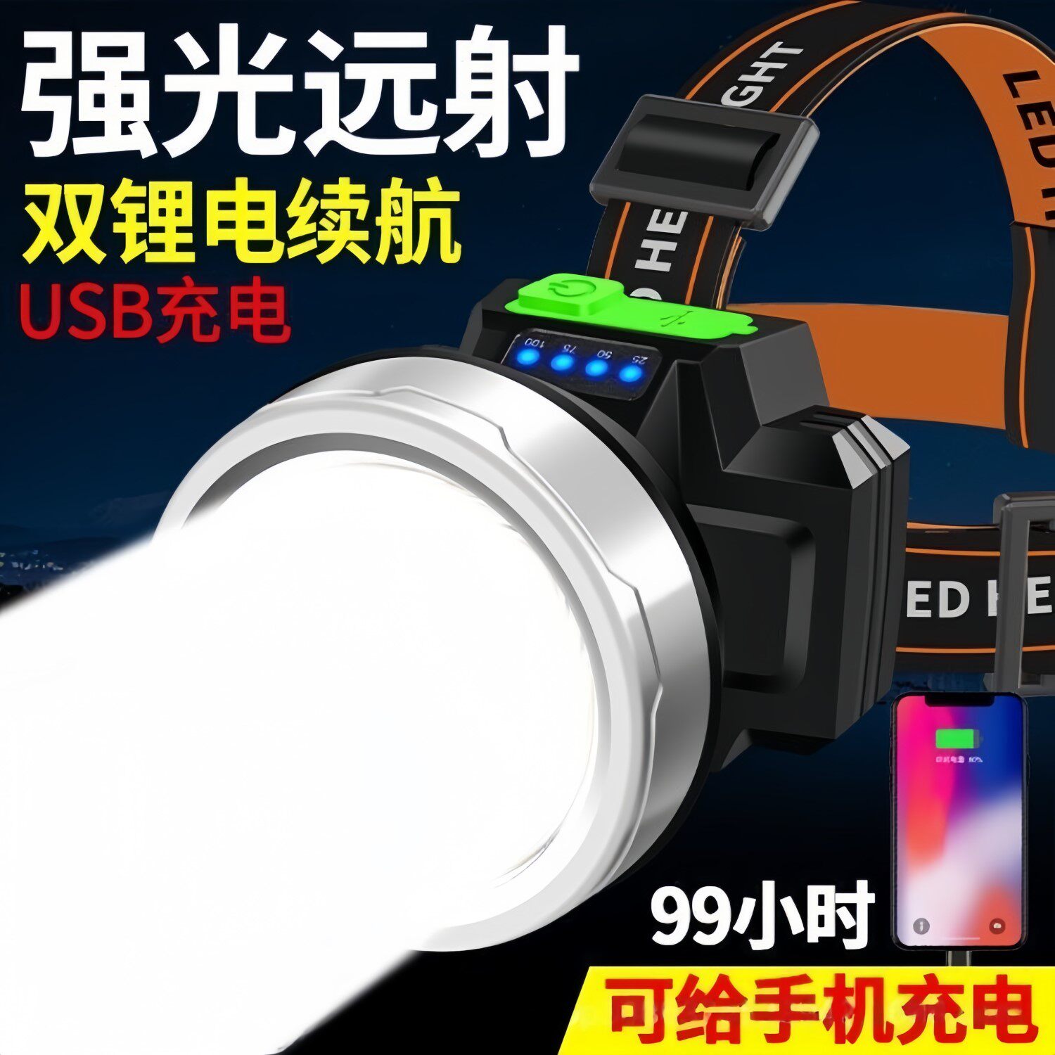 日本进口头灯2025新款强光超亮军工远射可充电防水头戴夜钓鱼矿灯