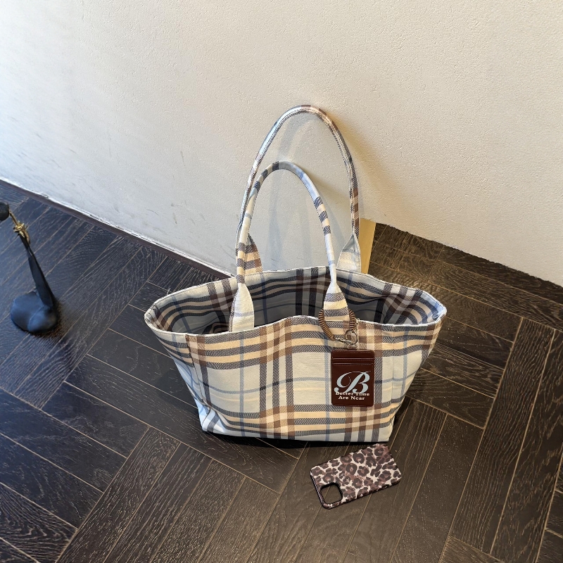 蓝色格子托特包女大包通勤托特包女大学生上课硬挺立体松弛感高级