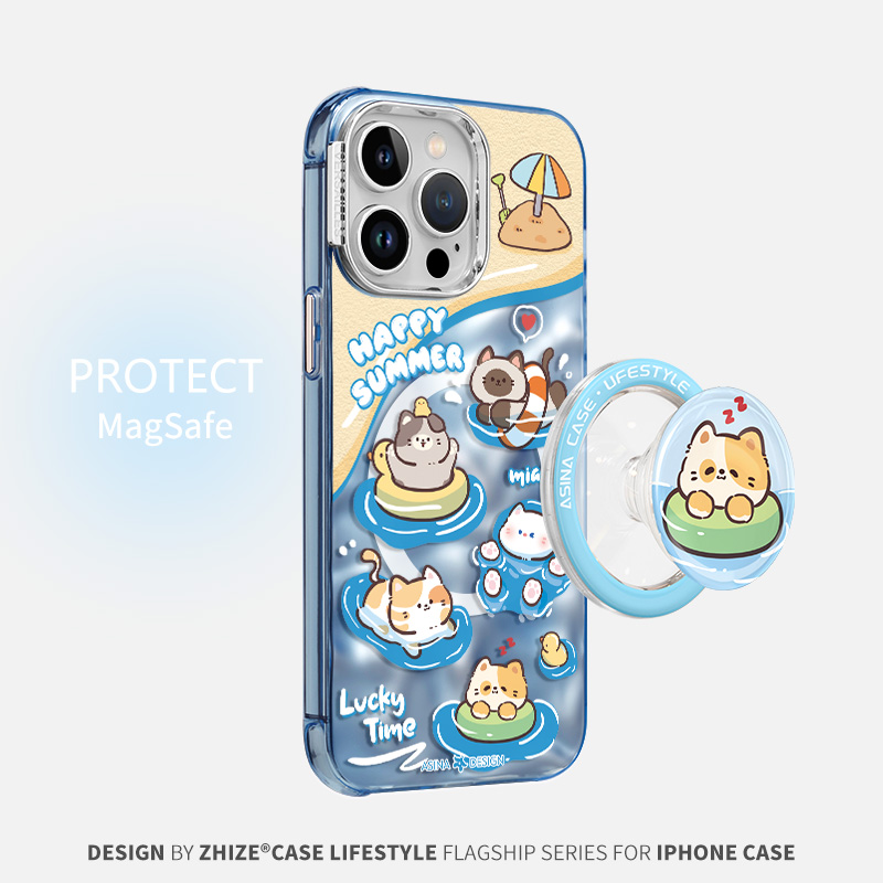 游泳小猫适用苹果15promax手机壳iphone14卡通动物13pro夏天ip15磁吸防摔ip16保护套14promax高级感爆款创意