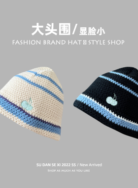 黑色大头围毛线帽女秋冬韩国小众ins显脸小樱桃针织保暖渔夫帽男