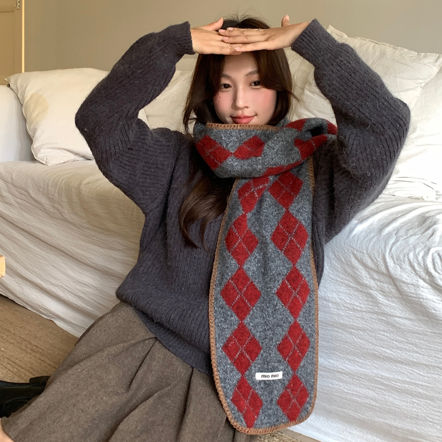 韩系氛围感复古菱形格子针织围巾