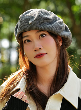 灰色云朵八角贝雷帽女秋冬灯芯绒大头大脸显小韩系复古蓓蕾画家帽