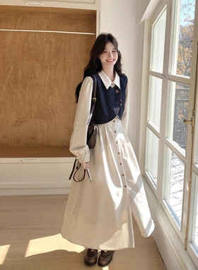 法式气质穿搭牛仔马甲连衣裙套装女2025秋季新款衬衫裙超火两件套