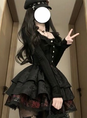 法式古着赫本风黑色裙子女秋两件套修身绝美蓬蓬公主洛丽塔连衣裙