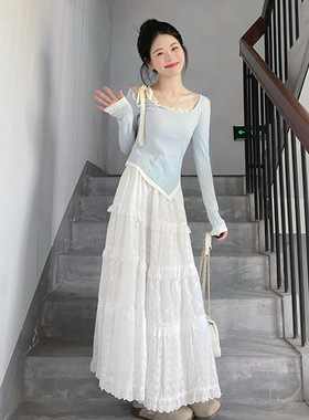 法式纯欲温柔不规则假两件T恤上衣女气质白色半身裙蛋糕裙秋冬季