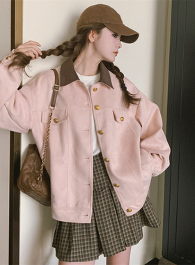 粉色麂皮绒工装外套女秋冬2025新款甜美小个子学院风休闲夹克上衣