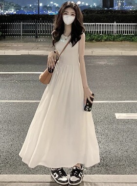 法式温柔风背心过膝收腰显瘦长裙夏季爆款仙女无袖纯色简约连衣裙