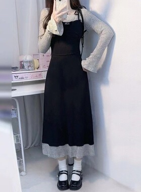 法式气质新款假两件喇叭袖连衣裙子秋季拼接撞色包臀中长款连衣裙