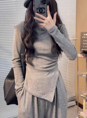 早秋女装高级感气质不规则上衣直筒宽松阔腿裤两件套休闲运动套装