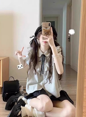 学院风灰色条纹短袖衬衫女甜美JK衬衣荷叶边泡泡袖上衣裙子两件套