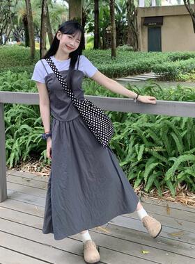 大码胖mm韩系假两件撞色短袖T恤女夏高腰A字裙半身裙时尚两件套装