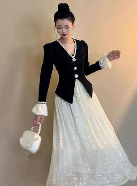 法式高级感洋气连衣裙女春秋韩版收腰显瘦假两件名媛千金风长裙子