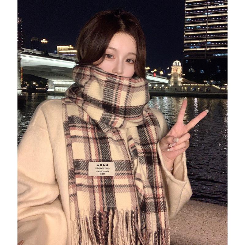 米色复古格子围巾女秋冬季韩版氛围感百搭加厚仿羊绒保暖围脖披肩