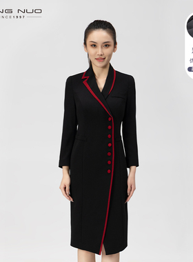 [精致礼服]靓诺黑色红边长袖连衣裙年轻妈妈中国风洋气LL21341B