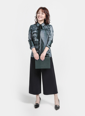 靓诺绿花翻领衬衫春秋新款女士长袖衬衣时尚气质百搭职场LC17310A