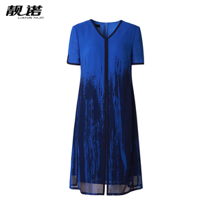 靓诺端庄大气连衣裙女夏季复古气质印花收腰短袖V领裙子LL20263A