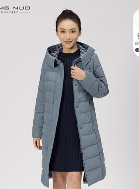 靓诺冬季羽绒服白鸭绒中长款连帽灰蓝色新年大码修身外套LY19453A