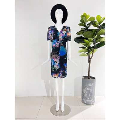 靓诺中长款气质优雅V领裙子大团花立体修身连衣裙LQ12141A