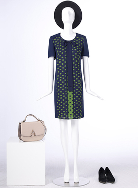 LIANGNUO靓诺蓝色绿点拼色连衣裙LL18292A