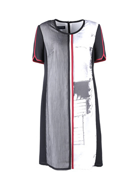 靓诺夏季素色黑白色短袖长裙圆领艺术水墨印花收腰连衣裙LL20242A