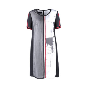 靓诺夏季素色黑白色短袖长裙圆领艺术水墨印花收腰连衣裙LL20242A