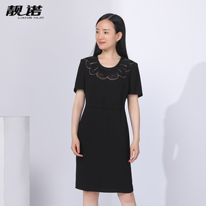 靓诺设计感盘绳绣复古黑色收腰连衣裙女夏季短袖休闲裙子LL21244A