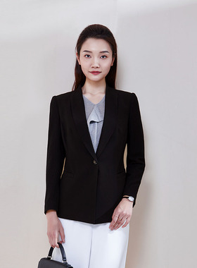 靓诺黑色条纹镂空外套春装女士女装外套V领拉长颈部线条LS16114A