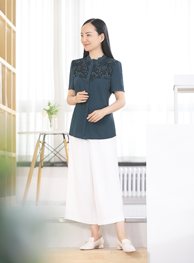 靓诺绿色睫毛蕾丝边短衬衫LC18223A