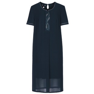 靓诺女装优雅绿色双层印花直身短袖长裙圆领纯色连衣裙LL21241A