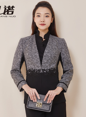 靓诺花灰色拼蕾丝上衣女士小西装外套长袖V领商务百搭LS19163A